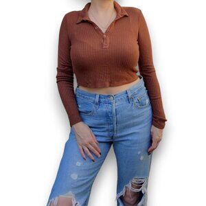 REFORMATION Ribbed Crop Henley in Brown